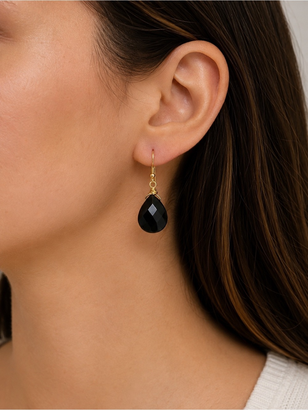Black Onyx Gemstone Gold Plated Hook Earrings
